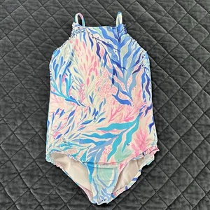 Lilly Pulitzer Swimsuit Girls 7 One Piece Kids Blue Pink Ruffled B14 - Picture 1 of 3