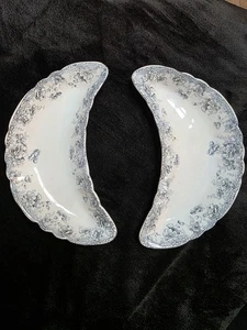 Antique E.M. & Co. Summertime Blue White Transferware Crescent Bone Dishes Pair - Picture 1 of 11