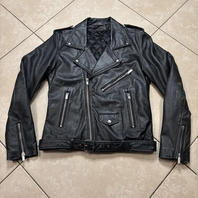 BLK DNM Leather Jacket Mens Large Black Moto Biker Belted Quilted Lined NWOT - Image 1 of 4