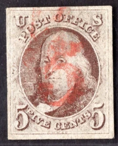 US 1847 BEN FRANKLIN SC. #1 FOUR MARGINS LIGHT RED CANCEL LIGHT DIAGONAL CREASE - Picture 1 of 2