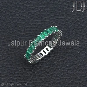 Solid 14k White Gold Ring Natural Baguette Emerald Gemstone Band Eternity Ring - Picture 1 of 10