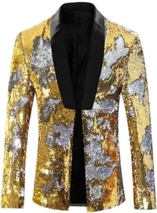 1 Piece Black Satin Trimmed Gold/Silver Open Front Mens Sequins Jacket Sz Med - Picture 1 of 5