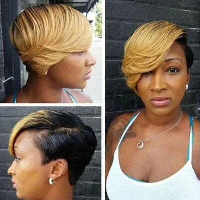 Pelucas de corte pixie corto rubio oscuro con pelo negro moda fiesta pelucas parte lateral  Foto 1 de 4