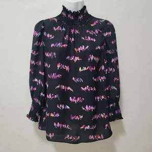 Kate Spade New York Love Birds Print Romantic Smocked Neck Blouse Top XS Novelty - Picture 1 of 14
