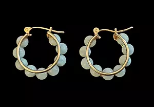 14k Solid Yellow Gold Jade Bead 17.7mm Hoop Earrings - Picture 1 of 5