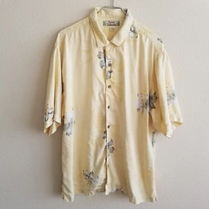 Tommy Bahama Button Down Shirt Large Yellow Green Flowers Hawaiian Split Hem Men - Picture 1 of 3