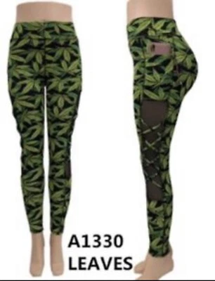 Women's Leggings Green Leaves Pattern With Pockets Size S/M - Imagem 1 de 4