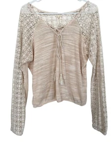 Top túnica marfil Meadow Rue Anthropologie mujer manga corta encaje borla cuello en V S - Imagen 1 de 7