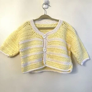 Vintage Handmade Crochet Baby Toddler Child Cardigan Yellow White Buttons - Picture 1 of 3