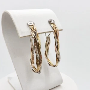 Tricolor 18k Gold Vermeil Sterling Silver Herringbone Link Hoop Earrings Braided - Picture 1 of 5