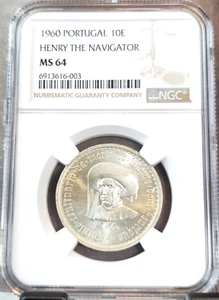 1960 PORTUGAL SILVER 10 ESCUDOS HENRY THE NAVIGATOR NGC MS 64 BEAUTIFUL BU - Picture 1 of 3