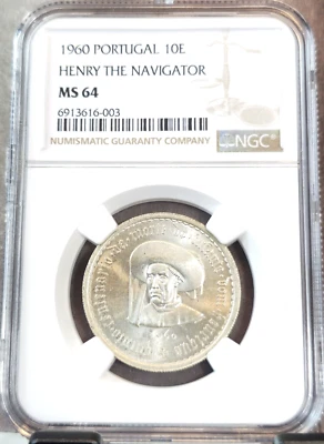1960 PORTUGAL SILVER 10 ESCUDOS HENRY THE NAVIGATOR NGC MS 64 BEAUTIFUL BU - Image 1 of 3
