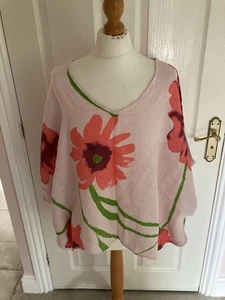 BEAUTIFUL BLOUSE OVERSIZED BOXY 100% LINEN BY GLOSSY ITALY PINK BOLD FLORALS - Picture 1 of 12