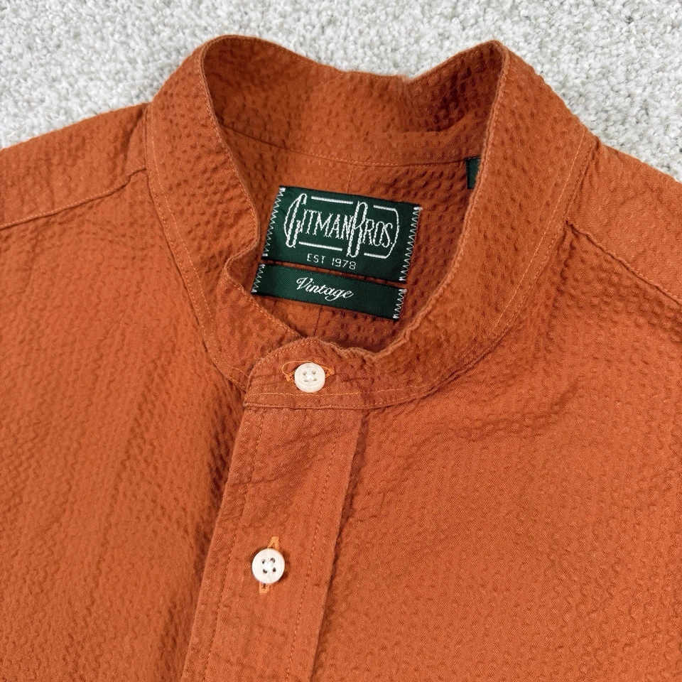 Gitman Bros Vintage Shirt Mens Large USA Made Band Collar Seersucker Orange - Image 1 of 4