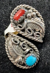 Vintage Womans Sterling Silver Turq & Coral Leaf Bypass Style Size 7 Adjustible - Picture 1 of 5