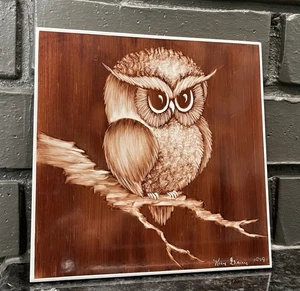 Vtg 70’s Owl Tile Art Signed Kay Gray MCM Boho Made In USA Semigres Italian Tile - Picture 1 of 14