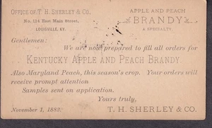 1882 AD Postkarte T H Sherley & Co Louisville Kentucky Apple and Peach Brandy - Bild 1 von 2