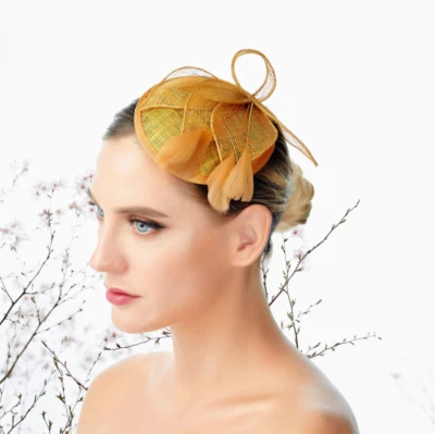 Gold Feather Wedding Fascinator Woman Headpiece Cocktail Tea Party Derby Day - Image 1 of 2