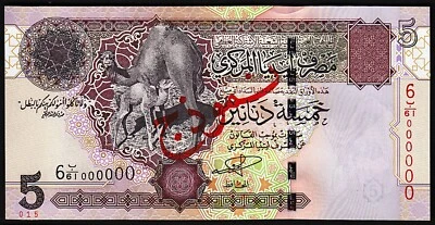 Libya 5 Dinars 2004, UNC, SPECIMEN, Series 6-000000, P-69a, Sign 9, Camels - Image 1 of 4