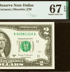 2017A $2 Federal Reserve Note PMG 67EPQ Superb-Gem Dallas Fr 1941-K - Picture 1 of 3