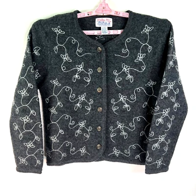 Vintage Tally Ho Cardigan Wool Sweater Womens Size L Gray Floral Tight Knit - Image 1 of 4