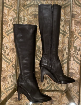 Pollini Italy Black Leather Knee-High Unusual Square Heel Pointy Toe Boots 39 - Image 1 of 4