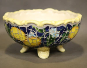 Ciotola ceramica decorativa vintage gambe blu giallo limone floreale 10x5” decorazione casa - Foto 1 di 15