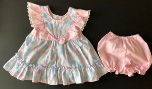 Vintage Cradle Togs Pinafore Apron Dress & Bloomers Ruffle Blue Pink Floral 2T - Picture 1 of 6
