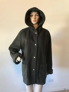 Larry Levine Dark Brown Wool Coat Jacket Faux Fur Lined Hood Button Down 10 M/L - Picture 1 of 12
