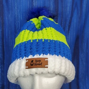 Gorro manta cerebral azul y verde lima con pompón azul sombrero cálido hecho a mano NUEVO - Imagen 1 de 3