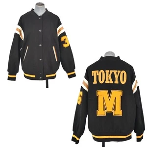 Vintage Zara College Bomber Jacket Y2K Wool Blend Black Tokyo Retro Size M - Picture 1 of 24