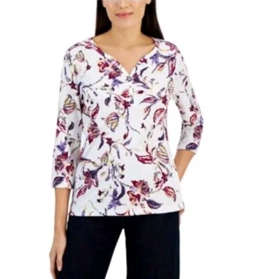 Karen Scott Petite Ornate Paisley Cotton Printed Henley Top Winter/ Pink SZ PP - Image 1 of 3