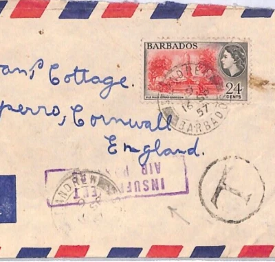 Cubierta de correo aéreo Barbados QEII ST Andrews impuestos mal pagados GB Cornwall 1957 YS111 Foto 1 de 4