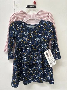 PICK SIZE- NWT Member's Mark Girl Long Sleeve Knit Dresses 2-Pack Floral Stripe - Picture 1 of 3