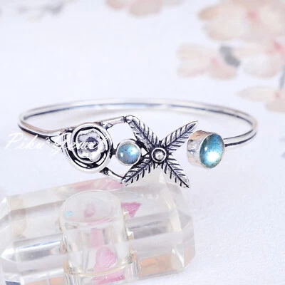 Blue Fire Labradorite Gemstone 925 Sterling Silver Cuff Fashionable Gift Bangle - Image 1 of 4
