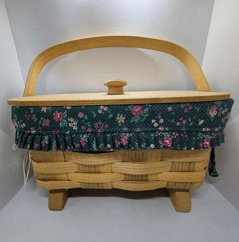 Vintage Peterboro Footed Woven Basket hinged lid green floral Liner handle Cover