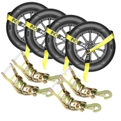 Indusafe 4 Pack 2"x96" Car Tie Down with Snap Hooks, Ratchet Tie Down Straps