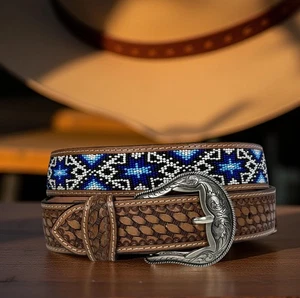 Perlen Western Gürtel Cowboy Rodeo Vollnarbenleder handbesetzt abnehmbare Schnalle - Bild 1 von 8