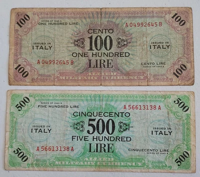 1943 Italy Allied Military 100 & 500 Lire Notes; Pick M21 & M22 WWII Currency - Image 1 of 2