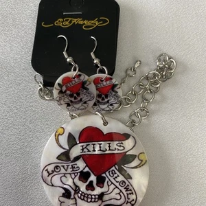 Ed Hardy Death or Glory Mother of Pearl Shell 18" Necklace w/Earrings Set  - Picture 1 of 8