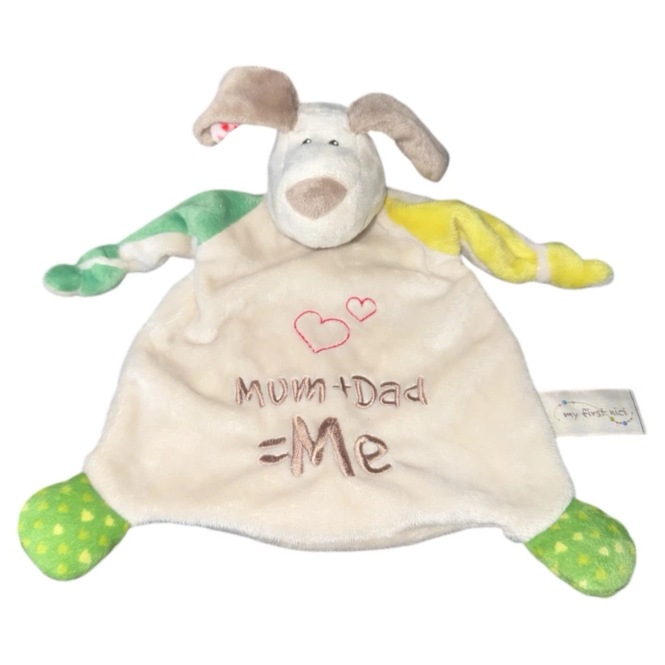 My First Nici Puppy Dog Lovey Mom Dad Equals Me manos anudadas verde crema amarillo Foto 1 de 3