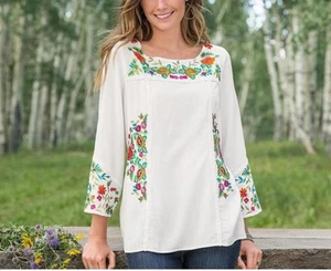 Sundance Bluse Damen Medium weiß relaxed bestickt Blumen Boho Bauern Top - Bild 1 von 13