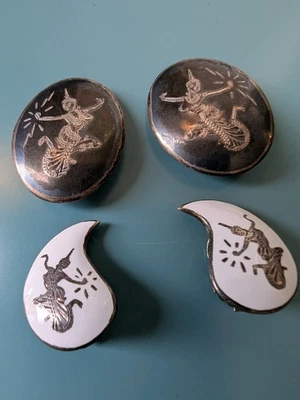 Lote de 2 brincos vintage de prata esterlina com clipe Nelo Siam preto e branco  - Imagem 1 de 4