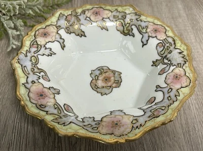 Antique Nippon Morimura Hand Painted Serving Bowl Pink Floral Gold Trim CHIP - Image 1 of 4