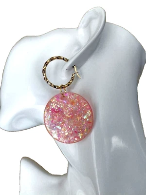 Pendientes de ópalo: resina rosa Sherbet 37 mm en acero inoxidable, aros GP de 18 quilates Foto 1 de 4