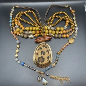 C1946 Boho Declaración Collar Lote de 2 Colgantes MultiHebra Cuentas Borla Leopardo - Imagen 1 de 13
