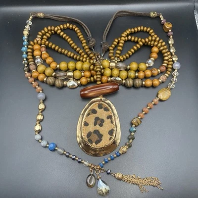 Lote de 2 colares declaração boho C1946 pingente de leopardo borla com miçangas multifios - Imagem 1 de 4