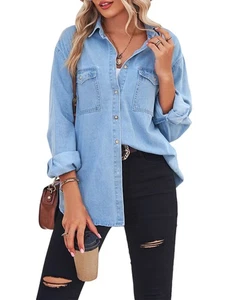 Camicie di jeans donna button down,, maniche lunghe, scollo a V, Chambray-2584 - Foto 1 di 17