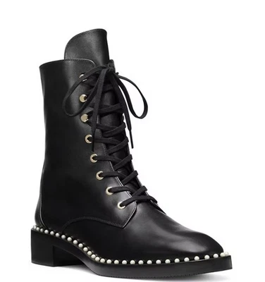 Botas de combate Stuart Weitzman Sondra de cuero negro con perlas de imitación de lujo 7B $710 Foto 1 de 4