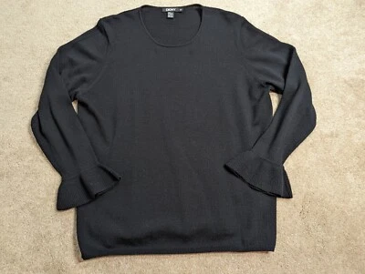 DKNY Sweater Womens 2X Black Merino Wool Long Sleeve Ruffle Sleeve Round Neck - Image 1 of 4